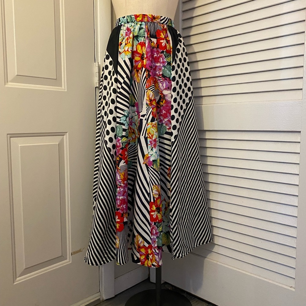Floral & Black-White Stripe A-Line Skirt